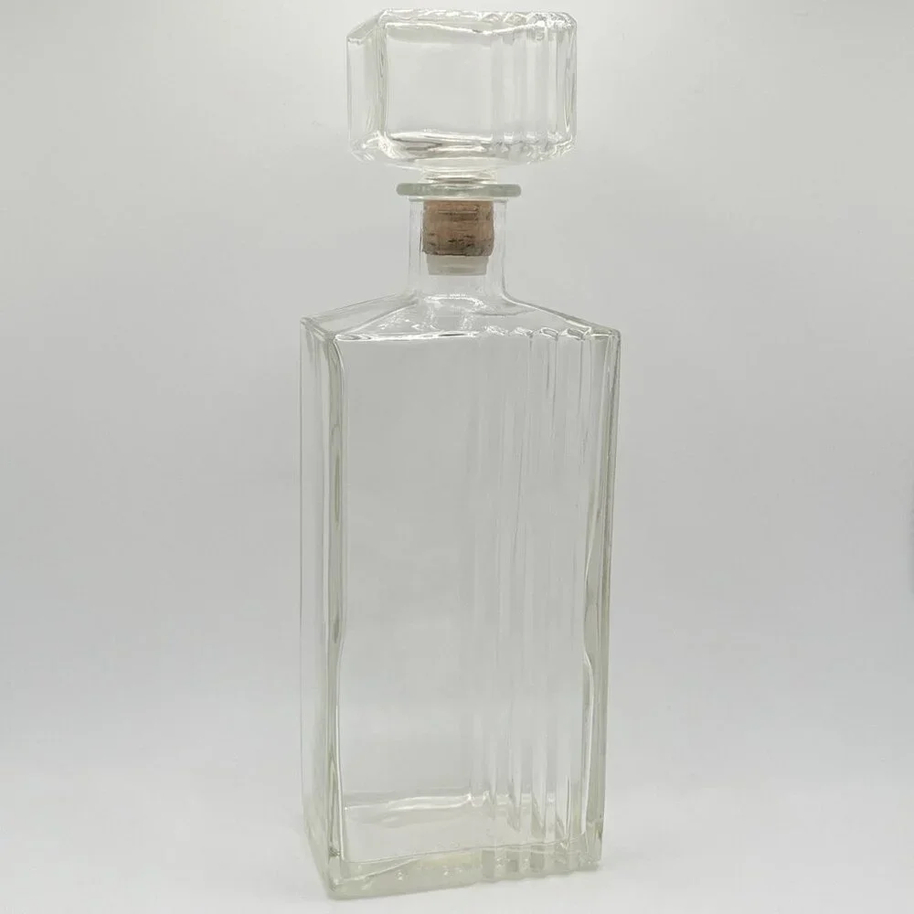 Vintage MCM Thatcher Clear Glass Decanter Rectangular Ribbed W/ Stopper Barware